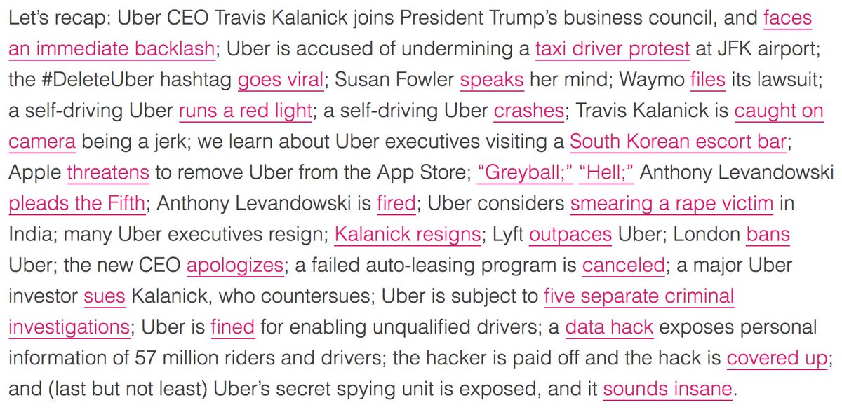 Let’s recap: Uber CEO Travis Kalanick joins President Trump’s business council, and faces an immediate backlash; Uber is accused of undermining a taxi driver protest at JFK airport; the #DeleteUber hashtag goes viral; Susan Fowler speaks her mind; Waymo files its lawsuit; a self-driving Uber runs a red light; a self-driving Uber crashes; Travis Kalanick is caught on camera being a jerk; we learn about ...