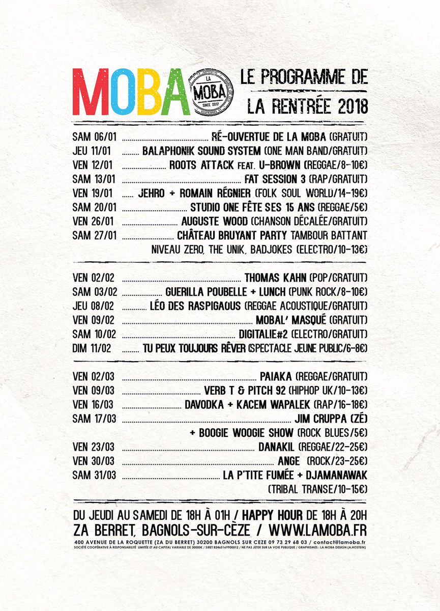moba30200's tweet photo. On réouvre le 6 Janvier !
Programmation complète JANVIER MARS sur :
https://t.co/GppC3zW19u
#lamoba https://t.co/lHvtWROoj4