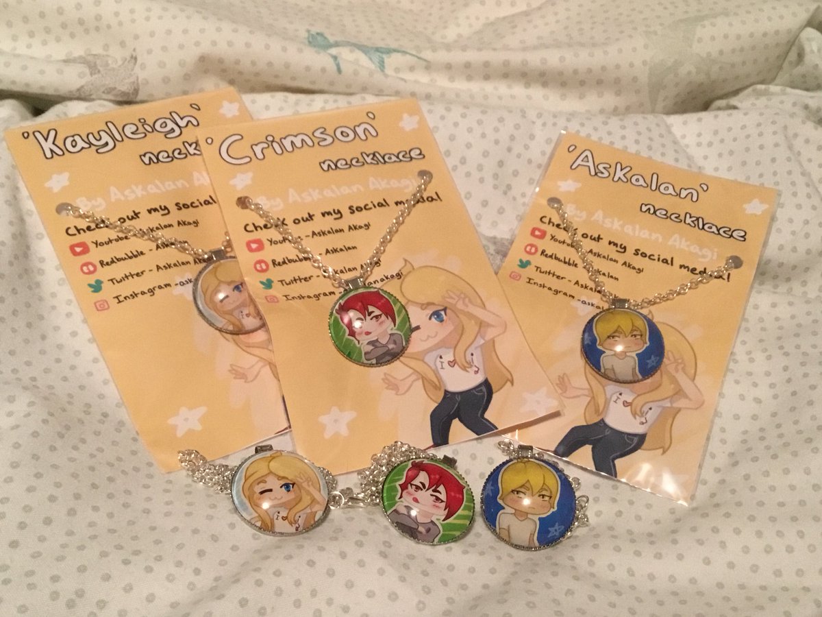 AskalanAkagi's tweet photo. Check out the awesome necklaces I made with my OCs on them! Can’t wait to open my online store! #art #askalan #crimson #kayleigh #loehog #crafts #necklaces #sale #forsale #ocs #necklace https://t.co/jltgOmCSCh