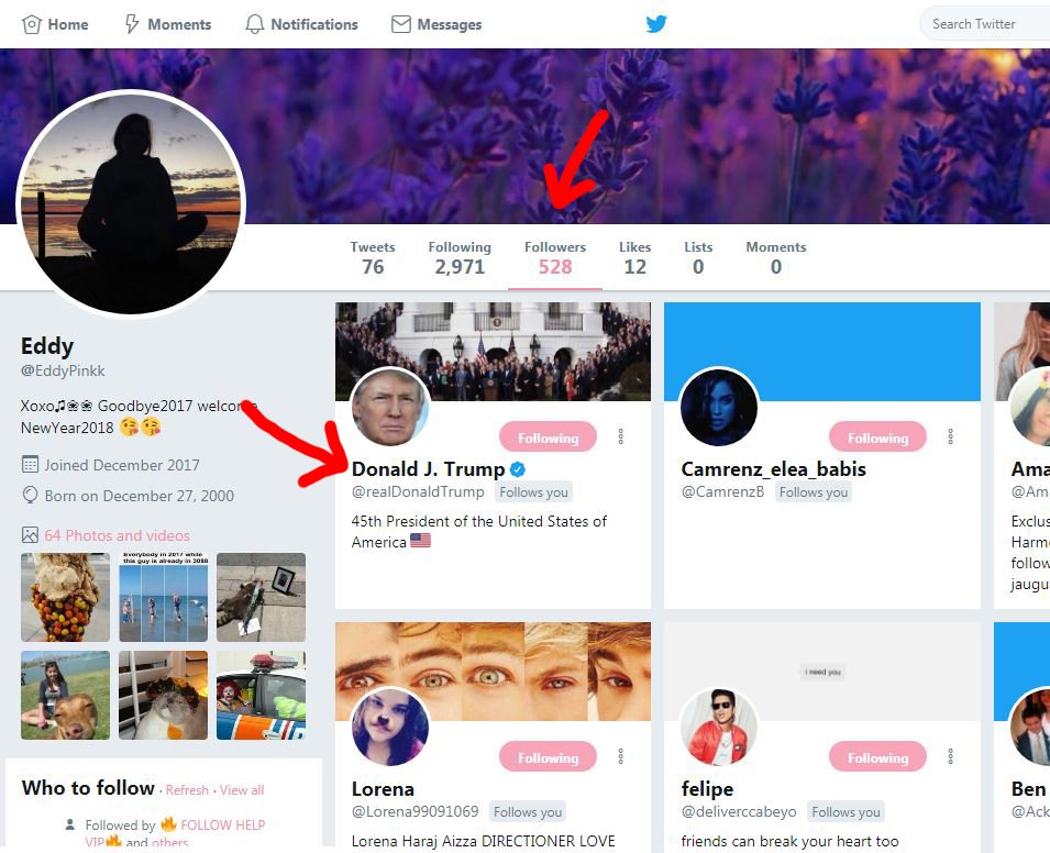 EddyPinkk's tweet photo. OMG!!! 😱😱 guys' can't believe this. real life??
Snapshot @realDonaldTrump Followed me but UnFollowd within the 30s 😂😂 Thanks, #DonaldTrump can you follow me again?? #OMG #USA #PresidentTrump #NewYear2018 https://t.co/7gIj3kpBlO