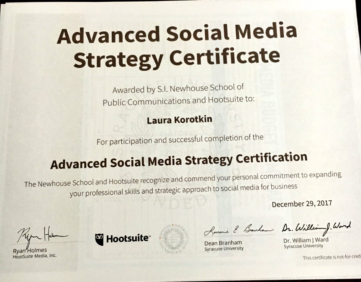 KorotkinLL's tweet photo. This was my birthday present to myself this year! I received my #ASMScert from @NewhouseSU & @hootsuite https://t.co/MlZmWiUHUD