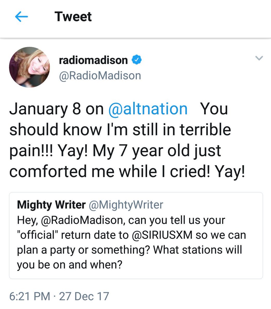 Lithium34_Fan's tweet photo. @SIRIUSXM @SXM_Help your employee @RadioMadison is clearly too sick to return to work. Nobody should be forced or allowed to do their job while "in terrible pain." We don't want to hear her complain every day about how sick she is. Please keep her on medical leave indefinitely. https://t.co/lrcLut8TWo