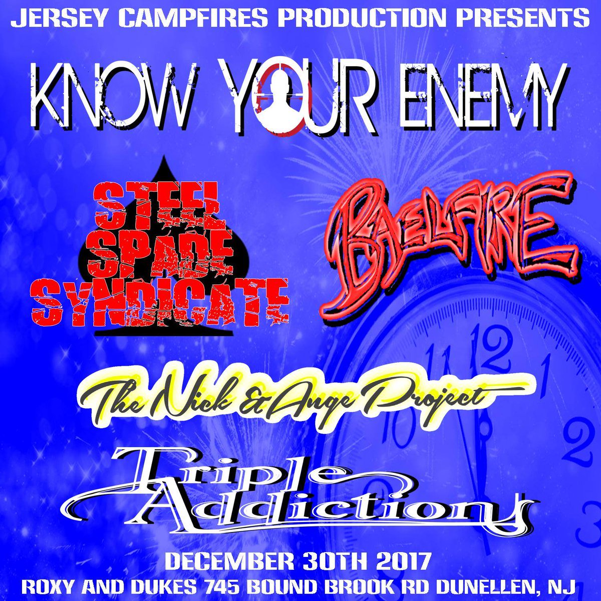 KnowYourEnemyNJ's tweet photo. Tonight! The last Saturday of 2017, we converge on @RoxyAndDukes. @JerseyCampfires presents, @KnowYourEnemyNJ @BaelfireBand,  The Nicholas a&amp; Angelina Project, Triple Addiction and Steel Spade Syndicate! 
Don't Miss Out! Doors open @ 7pm. https://t.co/wN9nP1RW4K