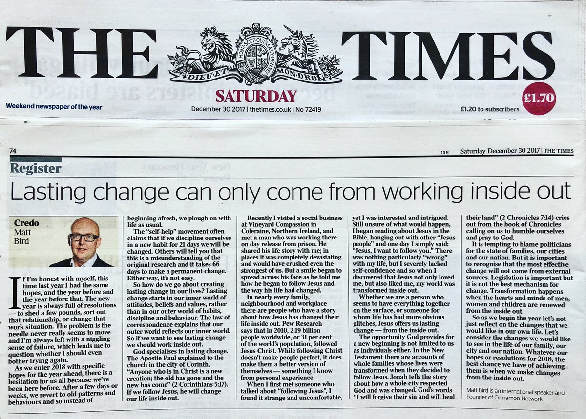 MattBirdGlobal's tweet photo. I’m thankful that at the turn of the New Year Jesus offers us ‘inside out’ lasting change @thetimes

#saturdaymorning #newspaper #follow #jesus #insideout #change #transformation #newyear #2018 #hope #NewYearsHonours @CinnamonNetwork https://t.co/dCPF1rVU3D