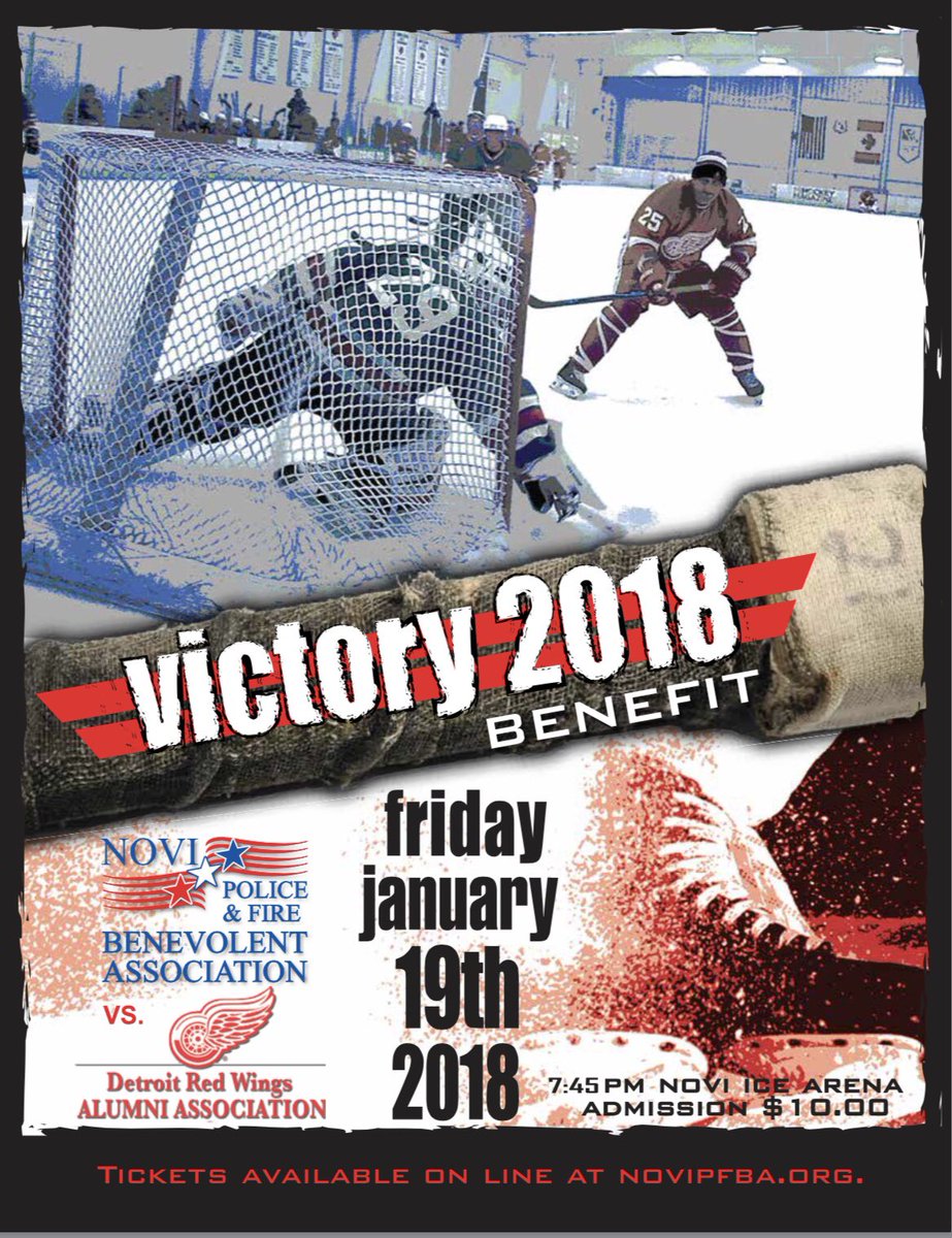ChiefMolloy's tweet photo. Buy your tickets TODAY for the Victory 2018 Hockey Game! The Novi Police &amp; Fire All Stars will skate against the #DetroitRedWing Alumni January 19, 2018 at the. @NoviIceArena  Tickets available at https://t.co/mfphtouZbC @KERMPA @erickz_ez @sbaetens236 @sherylwalsh @ndmueller2 https://t.co/WBudimGmBg