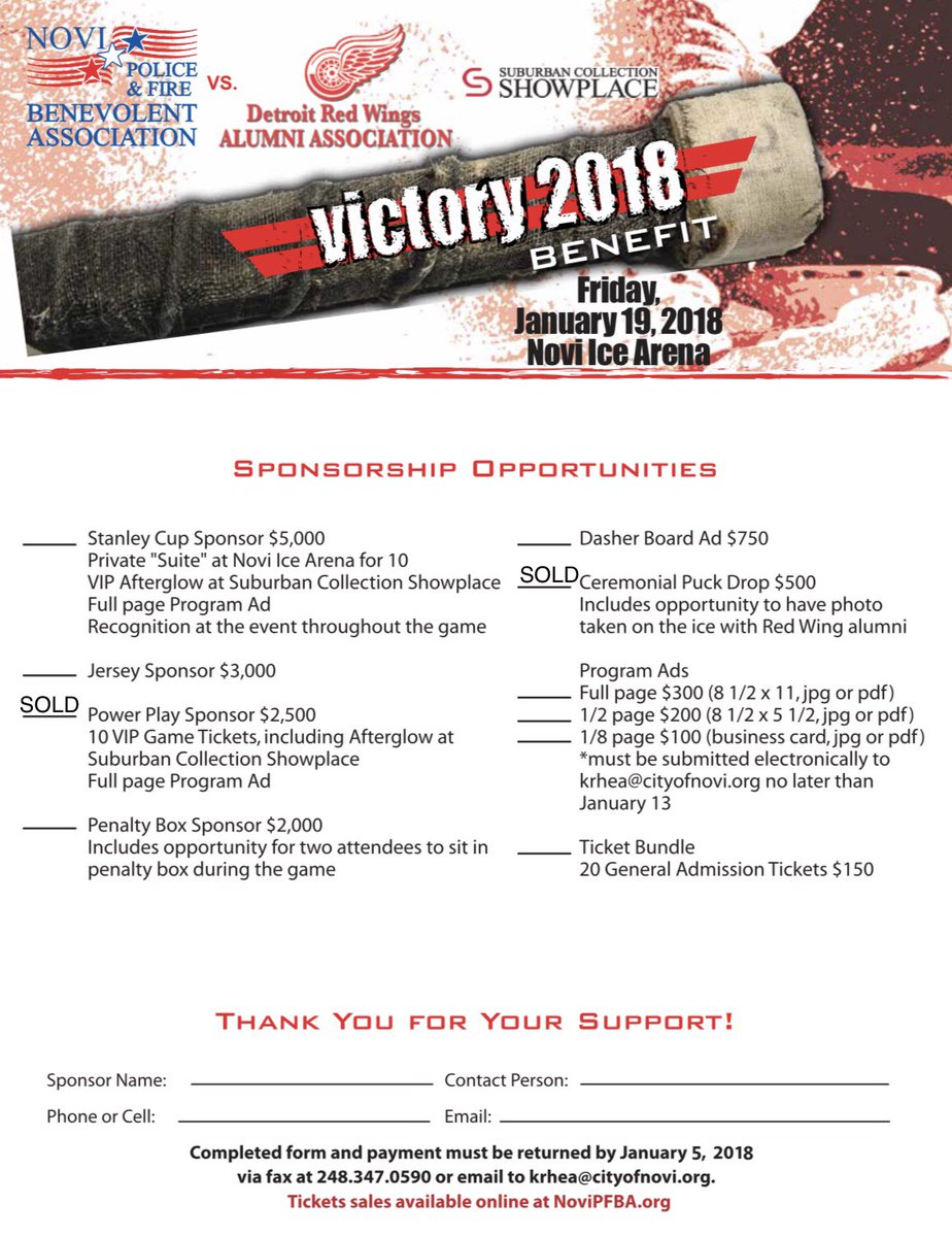 ChiefMolloy's tweet photo. Buy your tickets TODAY for the Victory 2018 Hockey Game! The Novi Police &amp; Fire All Stars will skate against the #DetroitRedWing Alumni January 19, 2018 at the. @NoviIceArena  Tickets available at https://t.co/mfphtouZbC @KERMPA @erickz_ez @sbaetens236 @sherylwalsh @ndmueller2 https://t.co/WBudimGmBg