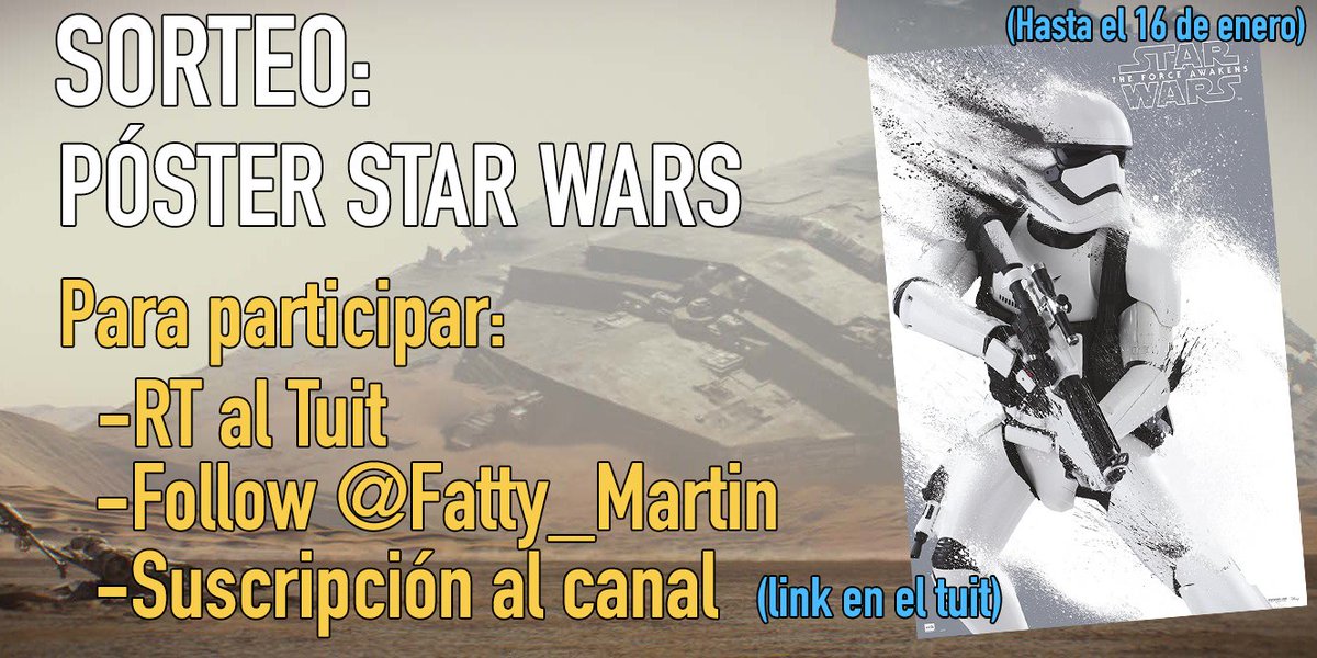 ¡SORTEO #StarWars!

PÓSTER DE STORMTROOPER 

Para participar:
-RT al tuit
-Follow a <a href="/Fatty_Martin/">Fatty Martin</a> 
-Suscripción al canal (youtube.com/c/fatty_martin)