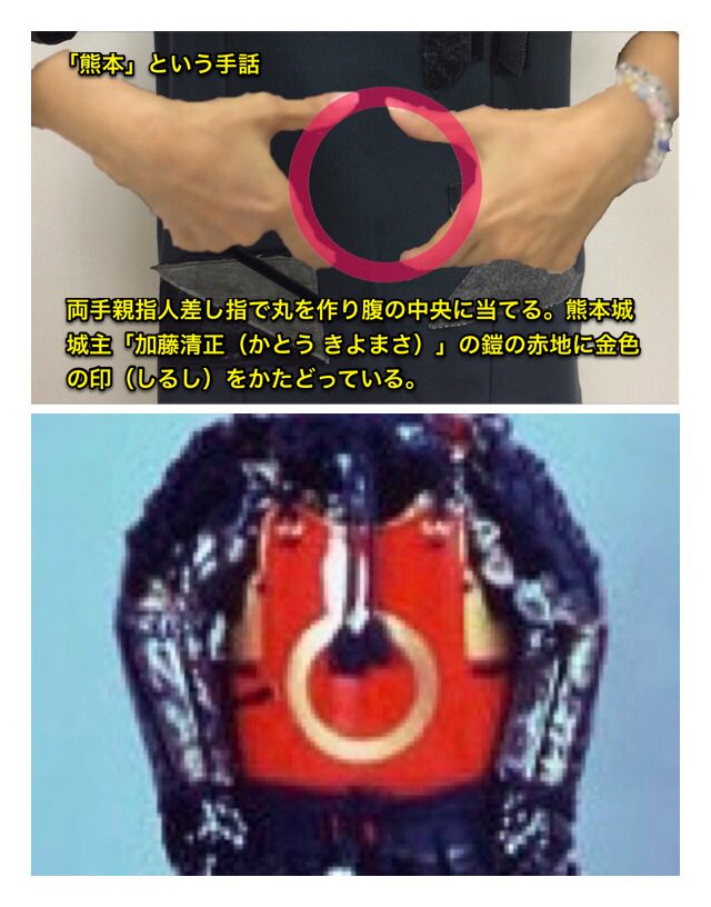 Twitter पर 手話のマメ知識 県名の手話 熊本 Kumamoto という 手話の語源 赤胴に金の丸を描いた 加藤清正 の鎧の印を両手二指のsass サス Size And Space Specifier サイズやスペースを描画する によって示したもの 県名の手話の語源 は長く続いた手話