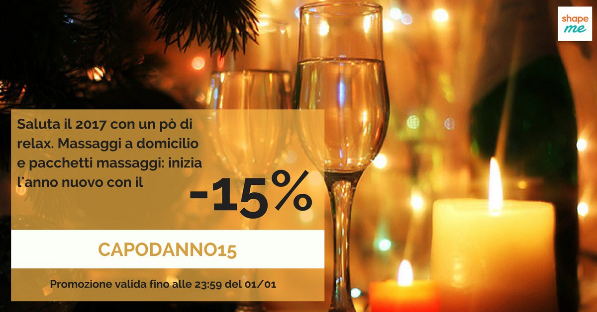 ShapeMeTeam's tweet photo. Inizia l'#annonuovo all'insegna del relax!

Prenota un #massaggio a domicilio o un pacchetto da 3, 5 o 10 massaggi, utilizzando il codice CAPODANNO15 riceverai subito uno #sconto del 15%!  🌟

Affrettati, la #promozione scade alle 23.59 dell'1 gennaio 2018! https://t.co/4STVz1kqU4