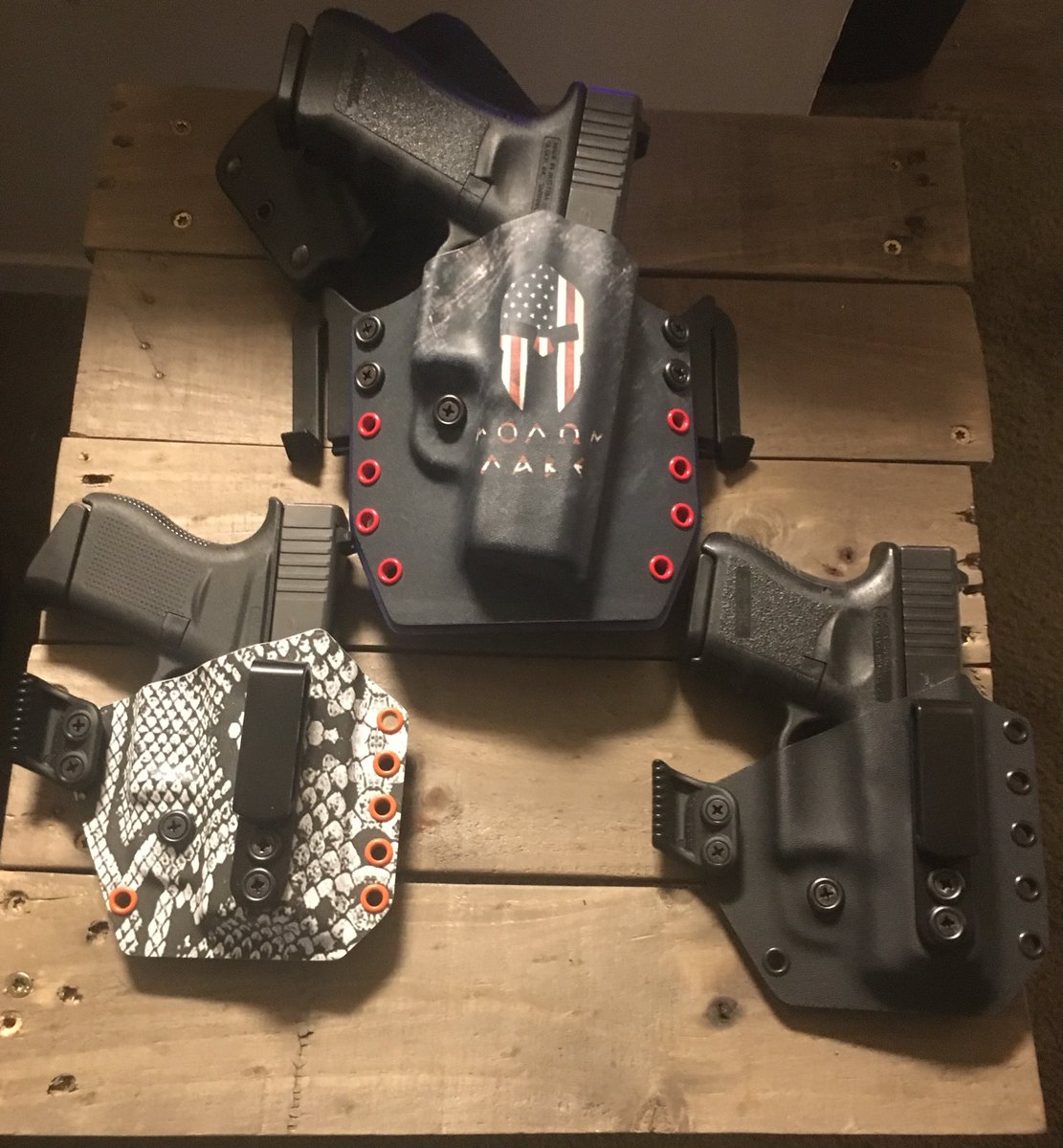 alpha1_tactical's tweet photo. One of our VERY loyal customers sent us pictures of his Alpha1Tactical collection! As you can tell they have great taste in graphics and guns! Thanks for supporting our company as much as you do and we LOVE that you LOVE your holsters!😎🔥👍🏼 #glock19 #glock17 #glock43 https://t.co/fORLWyQp9K