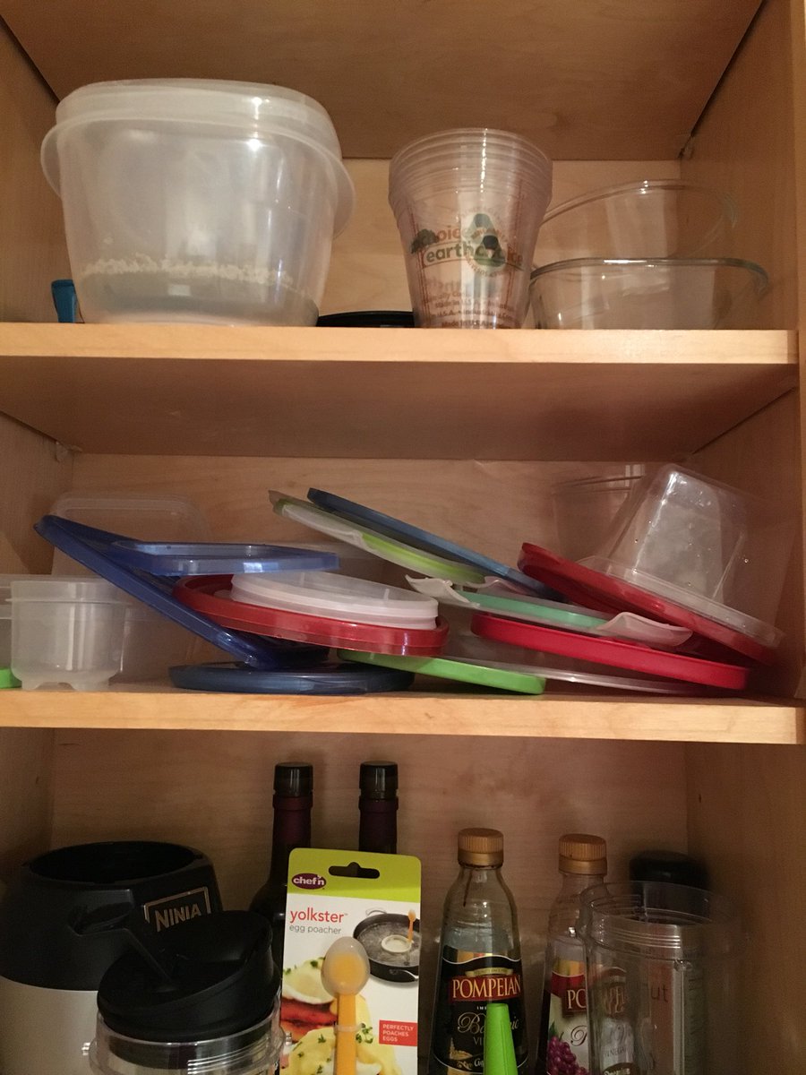 Merriottchi's tweet photo. Does anyone have a clean/organized Tupperware cabinet or does it always turn out into a tornado with no matching pieces?? https://t.co/N32MDLuTnG