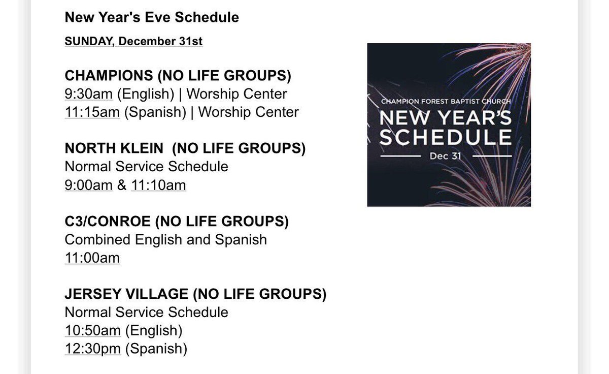 stephentrammell's tweet photo. There’s a Champion Forest near you! Join us on New Year’s Eve! @championforest @CFBC_Conroe @CFBCjv @CFBCnorthklein https://t.co/RGnqP3WGE2