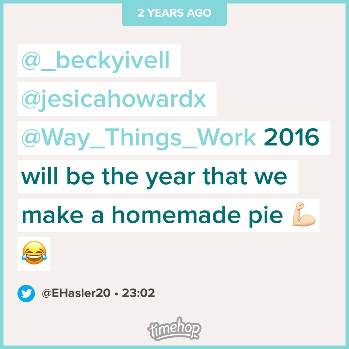 2018 will be the year that we make a homemade pie <a href="/_beckyivell/">Becky Ivell</a> @jesicahowardx 😂 💪🏻🥧