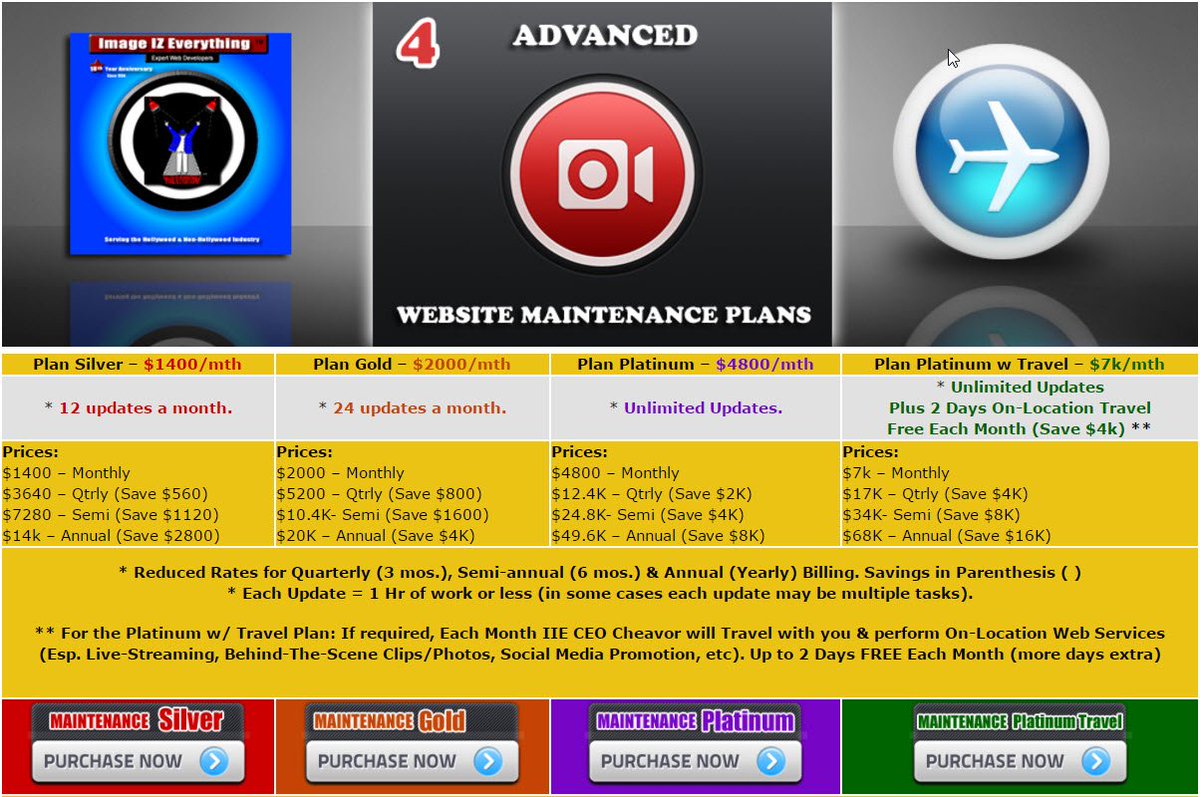 ✨Purchase an Advanced #Website #Maintenance Plan now to have your website(s) updated before 2017 ends > imageizeverything.com/clientcenter/o…  
- 4 Plans, from $1,400 to $7k 
- For a Limited Time Use Coupon KHNGQPO25 for 25% Off. 
#WebDesign #WebDeveloper #Celebrities #WebsiteMaintenance #RT