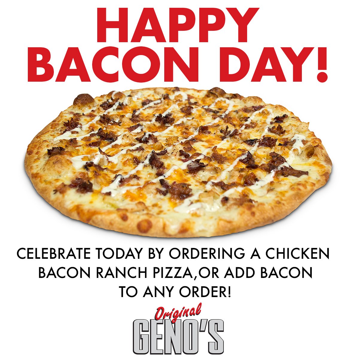 originalgenos's tweet photo. Happy Bacon Day! Celebrate with a Chicken Bacon Ranch Pizza or Toasted Sub, or add bacon to your favorite crave-able eat. What do you like to add bacon to? #happybaconday #bacon #mmmbacon #goodeats #tempe https://t.co/2MQJ3y4mRK