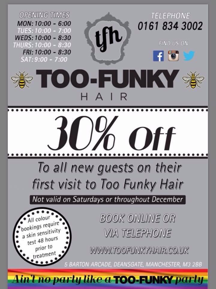 TOOFUNKYHAIR's tweet photo. STARTING THIS WEEK .. We are offering 30% percent of to all NEW COLOUR GUESTS on their first visit, and if your a regular and recommend a friend we will give you a treat also https://t.co/wuUg5TG506