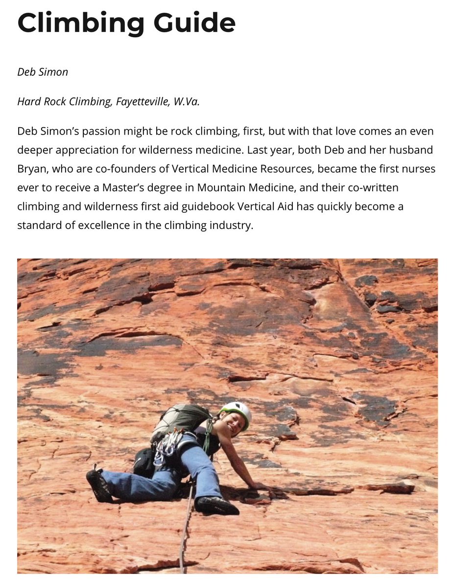 VertMedRes's tweet photo. Our co-owner & medical guide™ Deb Simon named Climbing Guide of Year by Blue Ridge Outdoors Magazine! https://t.co/OnuEzRwUqs Deb gives her all to every client—richly deserved award. #climbing #rockclimbing #climbingguide #medicalguide @countrymanpress @AMGAUSA @GoOutAndPlay https://t.co/MLJHYY2ekT