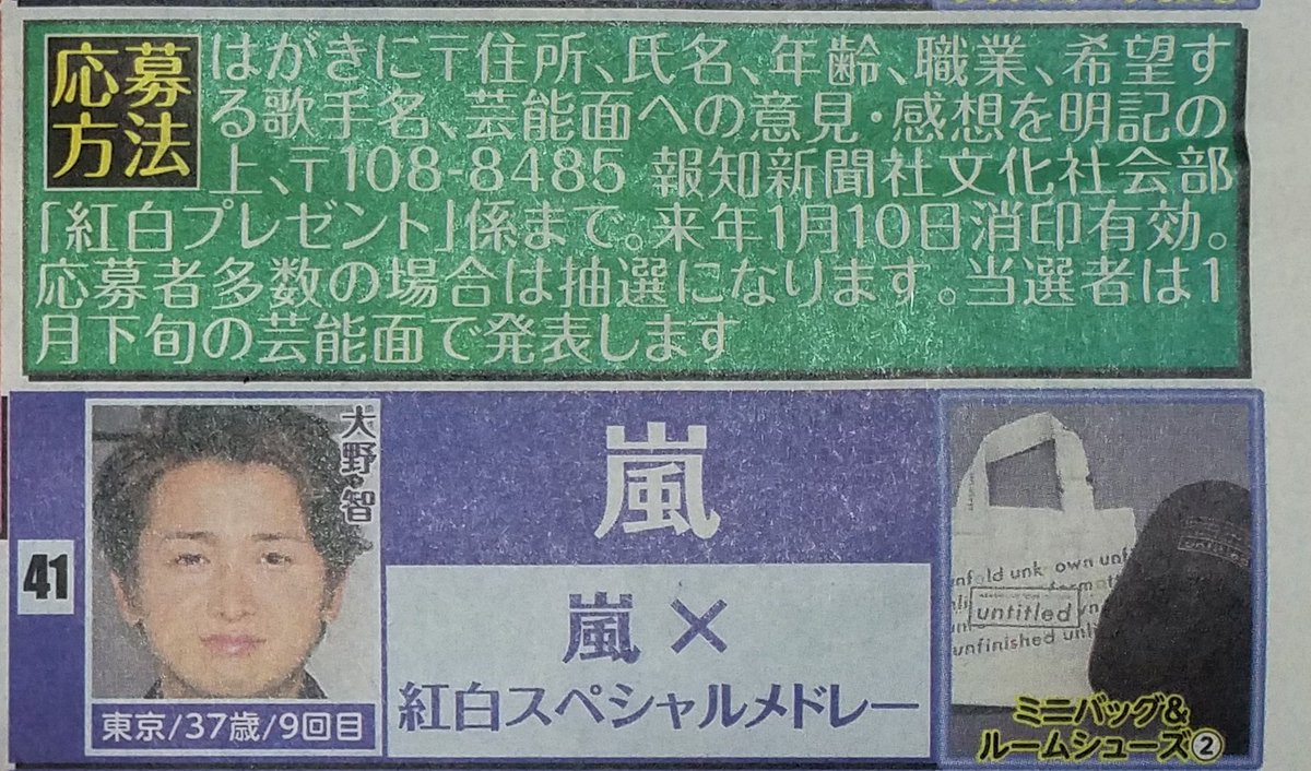 ちゅら 第68回nhk紅白歌合戦 完全ガイド 報知 出場歌手からの豪華プレゼント 嵐からは関係者に配られたと思われるミニバッグとルームシューズ