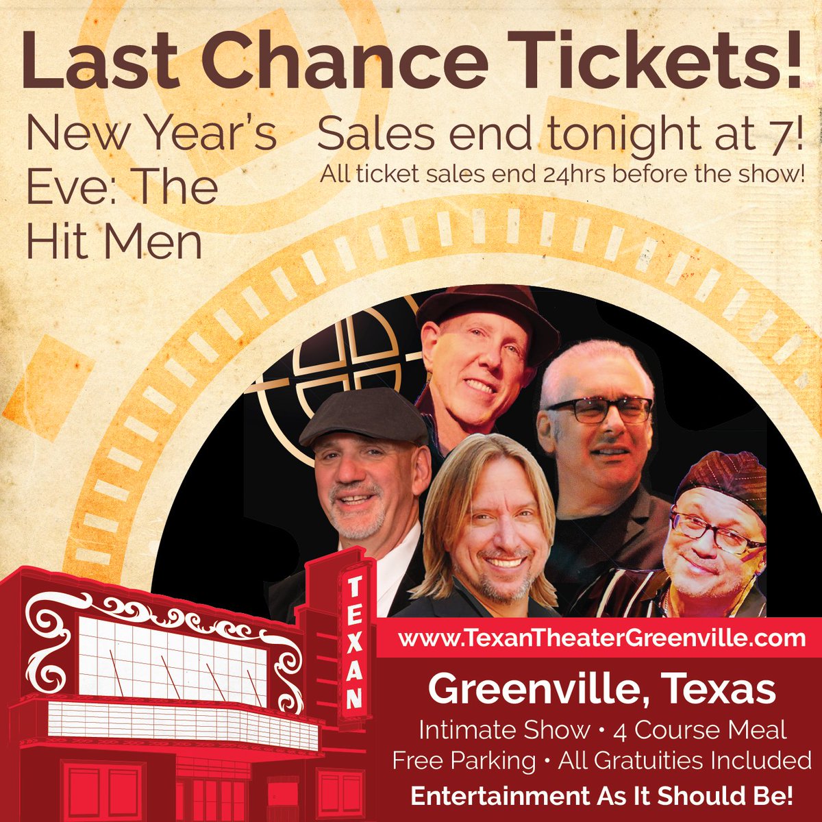 Last chance to buy tickets! | The Hit Men | Ticket sales end tonight at 7! goo.gl/rjZyhN Come enjoy an intimate show with close free parking, full 4 course dinner, luxurious seating, table service, and all gratuities included!