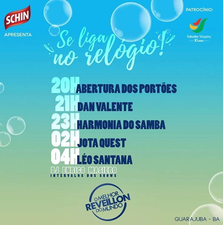 melhorreveillon's tweet photo. Fecha parceria com o relógio pro nosso encontro ser 100%! Fiquem ligados nos horários das apresentações, torcida! #Programação #LitoralNorte #HarmoniaDoSamba #LeoSantana #JotaQuest #DanValente #OMelhorRéveillonDoMundo #OMRM #Guarajuba #GuarajubaBeach #Reveillon2018 #Hipnotizou https://t.co/eLgGV962MM