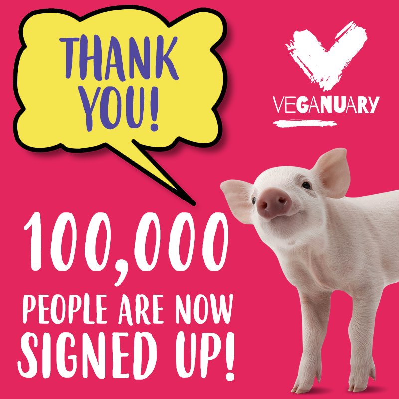 veganuary's tweet image. 😮Wow! We've just hit 100,000 sign ups!🎉 

Be part of the BIGGEST Veganuary ever...
Veganuary.com/register