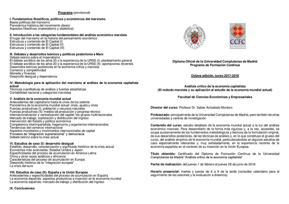 EddyIU's tweet photo. "Análisis crítico del capitalismo (El método marxista de la economía mundial actual)".
Matrícula abierta para la octava edición del Diploma de Formación Continua de la @unicomplutense 
Información: coordinaciondiplomamarxismo@gmail.com https://t.co/fVpqzdpX31