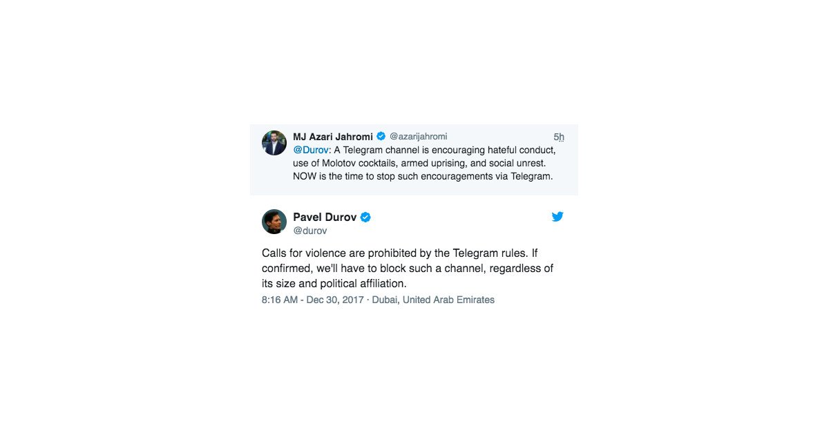 johnkoetsier's tweet photo. Telegram is shutting down a channel that called for violent protests against Iran’s government https://t.co/bnVh70eWW9 https://t.co/ObRHoDfYfx