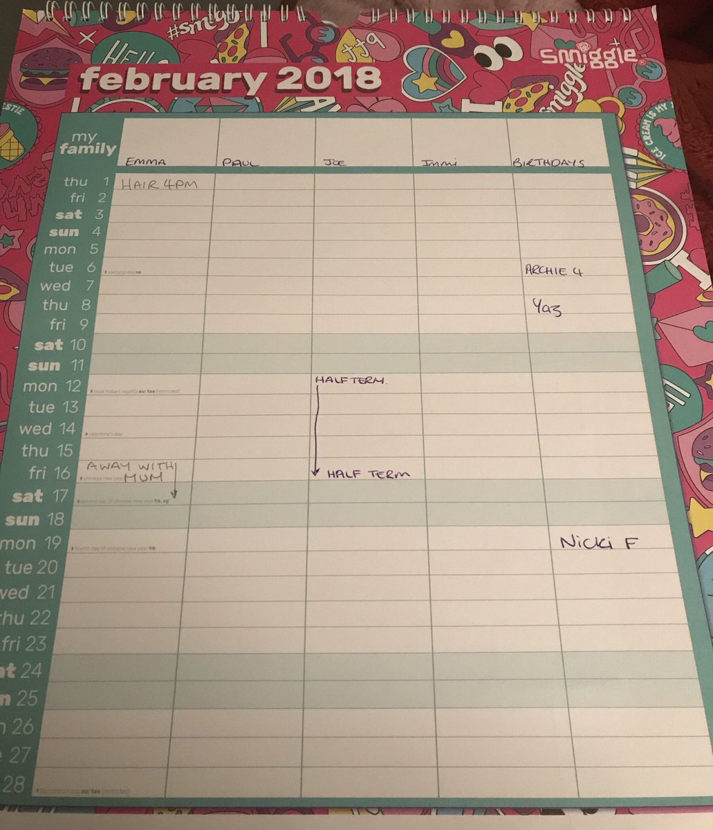 emmieloucox's tweet photo. @smiggle_ Hi Smiggle noticed a print error with your 2018 calendar - forgot to colour the first wkend on Feb 🙈 https://t.co/wyN8LsKWPl