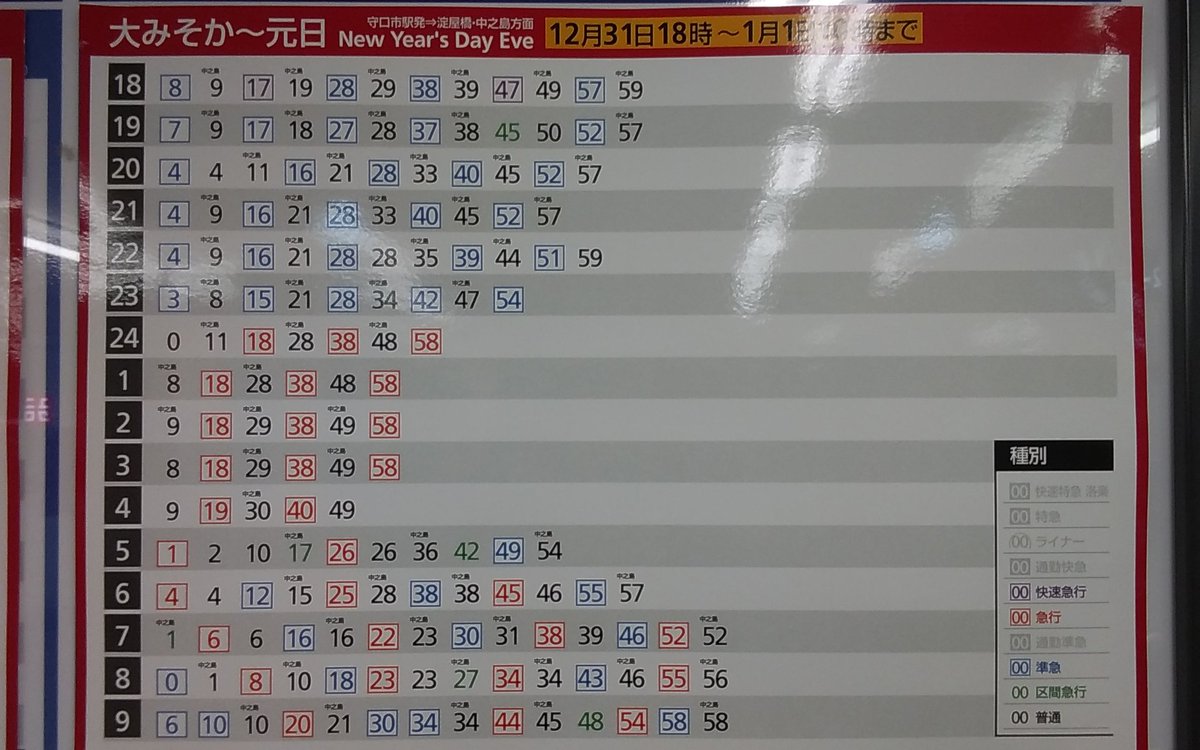 かおる ふじき かおる Twitterissa 京阪では 大晦日の18時から元日の10時まで 大晦日 元日ダイヤ で運転される 守口市駅発の 時刻表がこちら 左が淀屋橋 中之島方面 右が樟葉 京都方面となる 京都方面は時14分から 淀屋橋方面は元日の０時18分から急行