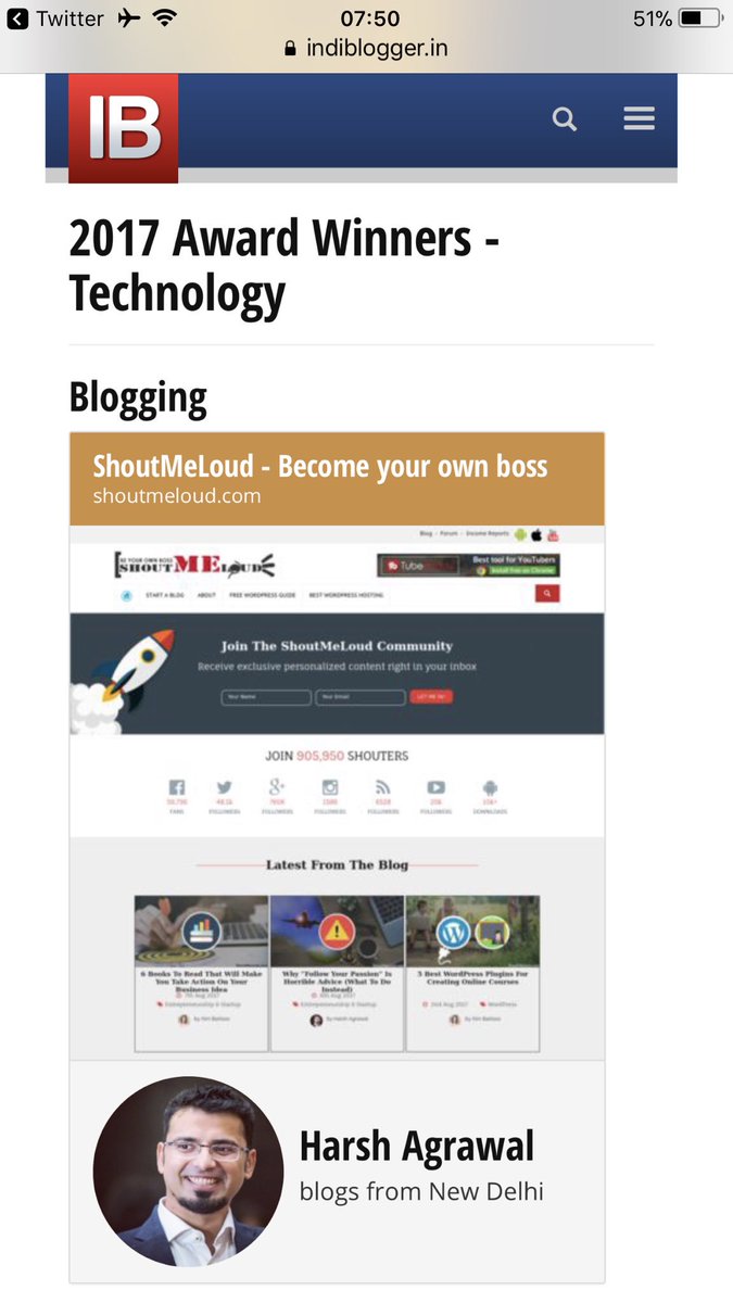denharsh's tweet photo. Such an honour to share this:- @shoutmeloud won the best blog award of 2017 by @indiblogger 🙏🏻 😊

Will continue to deliver my best and it will be fun to see how life unfolds. 🎁
Thank you everyone and best wishes for 2018 🍾 https://t.co/hZ0mz0vb8O