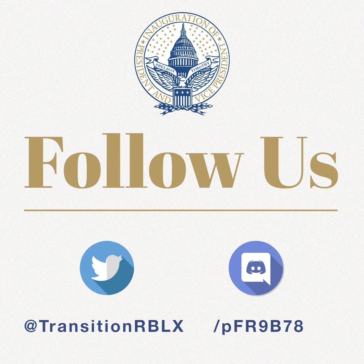 Don't miss a single moment of inauguration news. Follow us for the latest news and info! #Inauguration2018

discord.gg/pFR9B78

<a href="/TransitionRBLX/">The Transition Team</a>