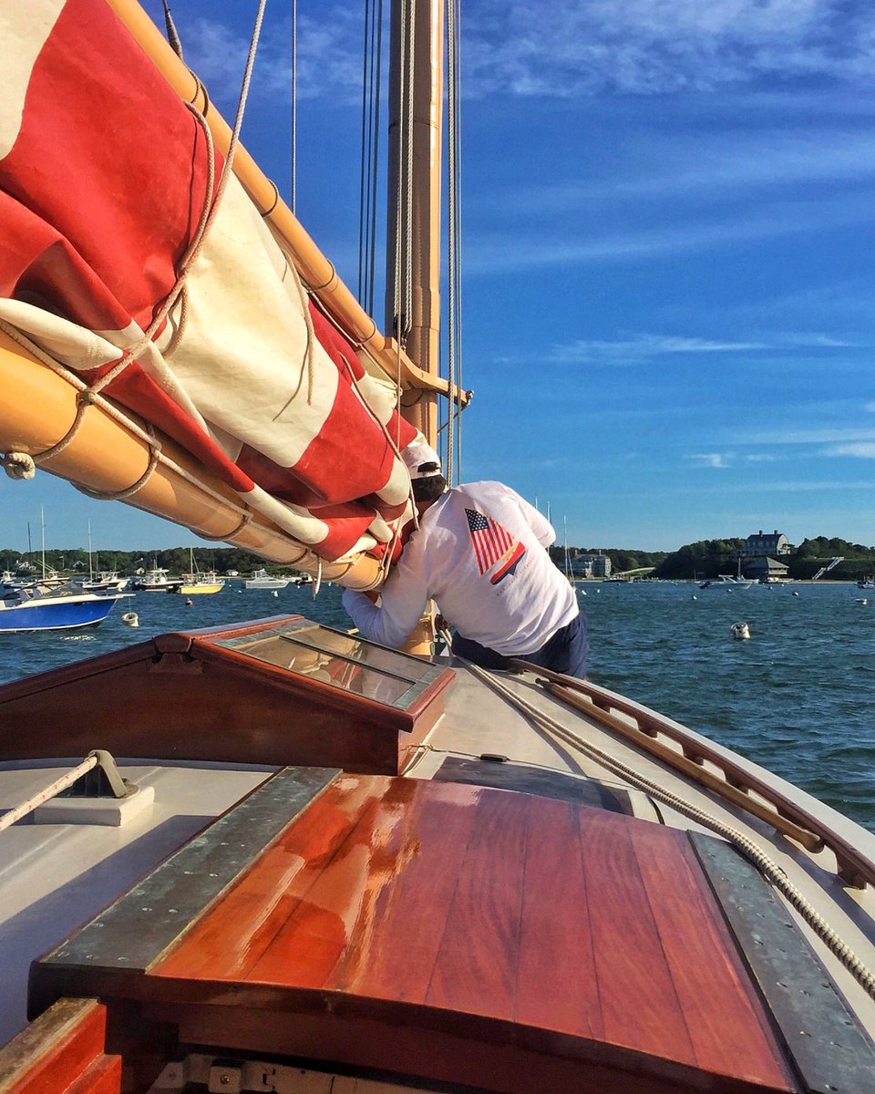 catboatcharters's tweet photo. We love 💕 this photo 📸 of #CaptainKurt hard at work on our ⛵️🇺🇸Tigress! #sailing #sailinglife #Edgartown #MarthasVineyard #Chappaquiddick #mvy #visitma #CatboatCharters #CertificateOfExcellence https://t.co/79IK9glxtL