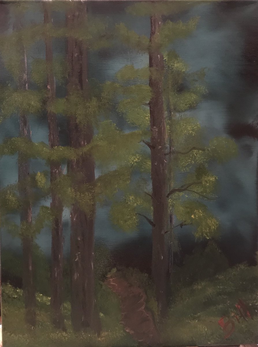 ataribill's tweet photo. @albarnes73 and I painted “Silent Forest” today.  April used acrylics and I used Ross Oils.  I also did a bonus northern lights - my take @NicHankins - no cabin chat craziness!  April helped me fix the snow when I went the wrong way....  @BobRossOfficial #paintwithnic https://t.co/vVCsWR9ZVg