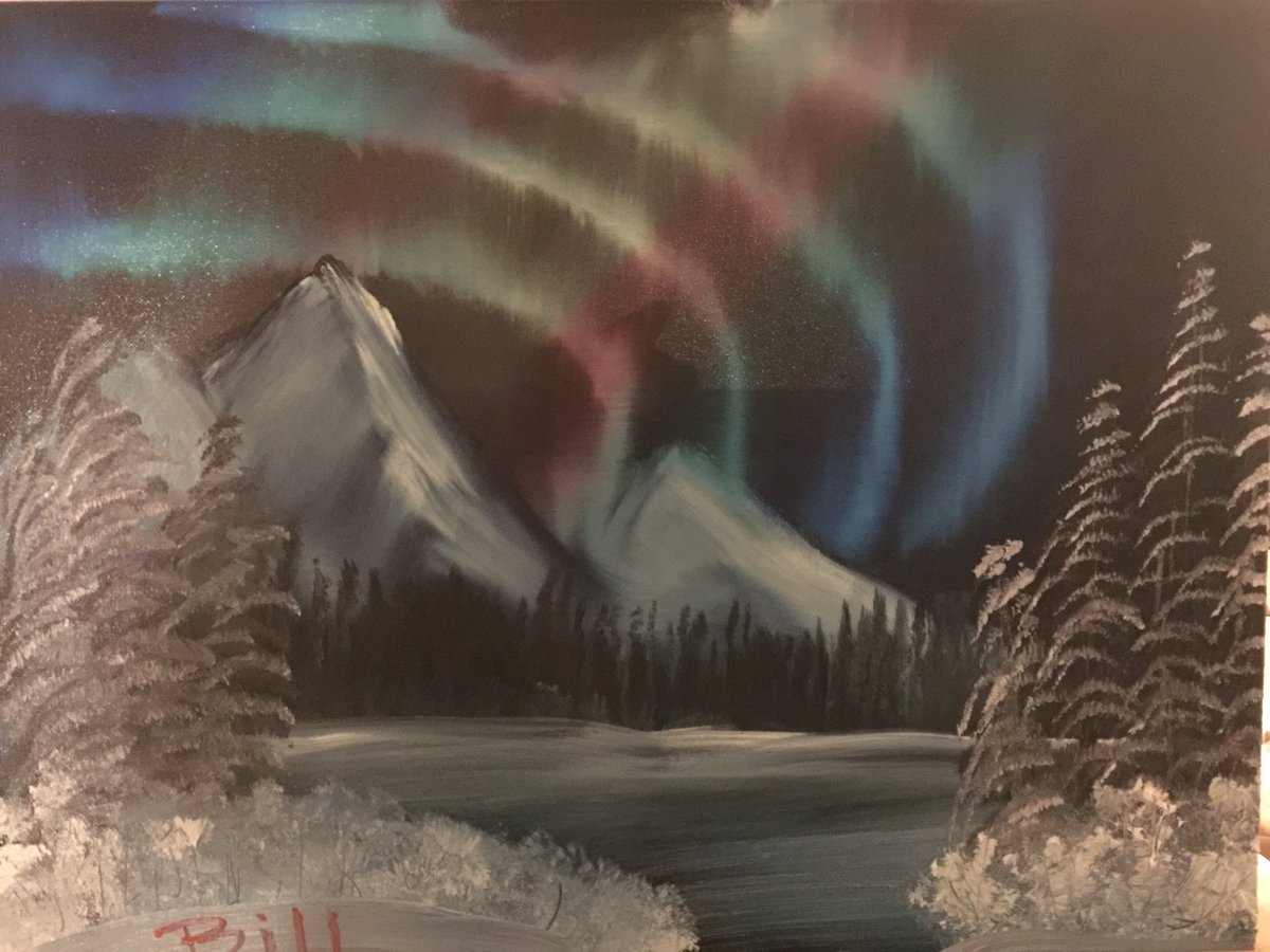 ataribill's tweet photo. @albarnes73 and I painted “Silent Forest” today.  April used acrylics and I used Ross Oils.  I also did a bonus northern lights - my take @NicHankins - no cabin chat craziness!  April helped me fix the snow when I went the wrong way....  @BobRossOfficial #paintwithnic https://t.co/vVCsWR9ZVg