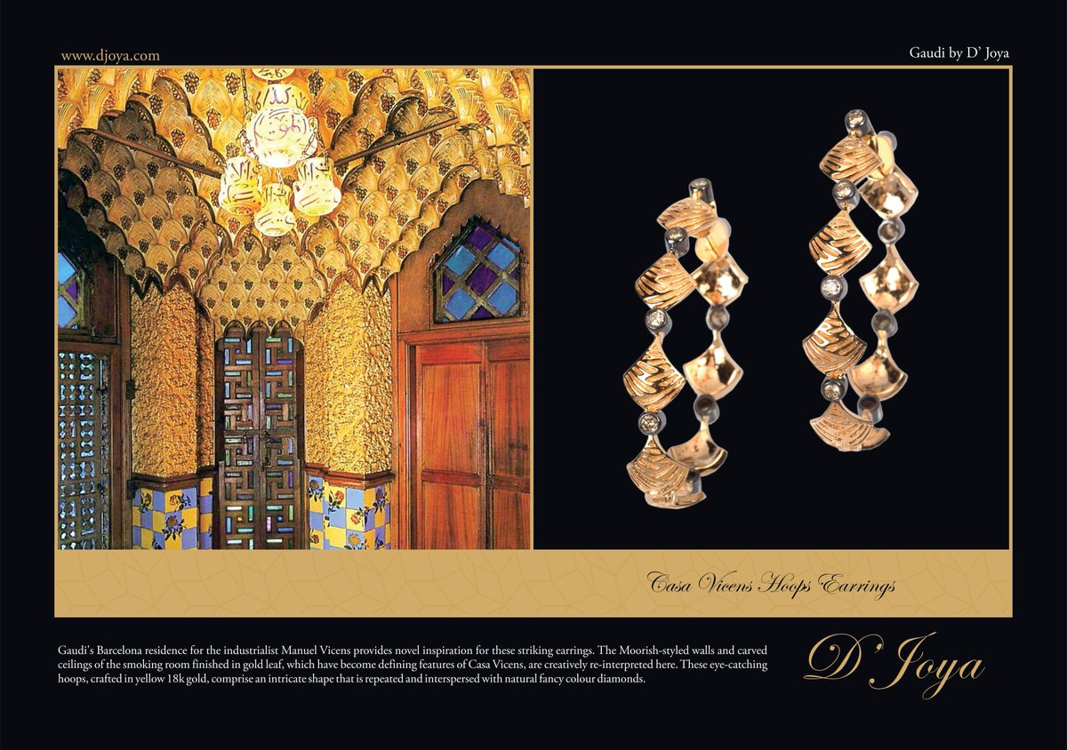 DJoyaJewels's tweet photo. Casa Vicens Hoop Earrings
#Gaudi's #design for Manuel Vicens' #Barcelona home, with its #Moorish gold leaf-covered smoking room walls & carved ceiling, inspired these striking #yellowgold #earrings, which comprise an intricate shape interspersed with natural #fancycolourdiamonds. https://t.co/MwJnYbFaiH