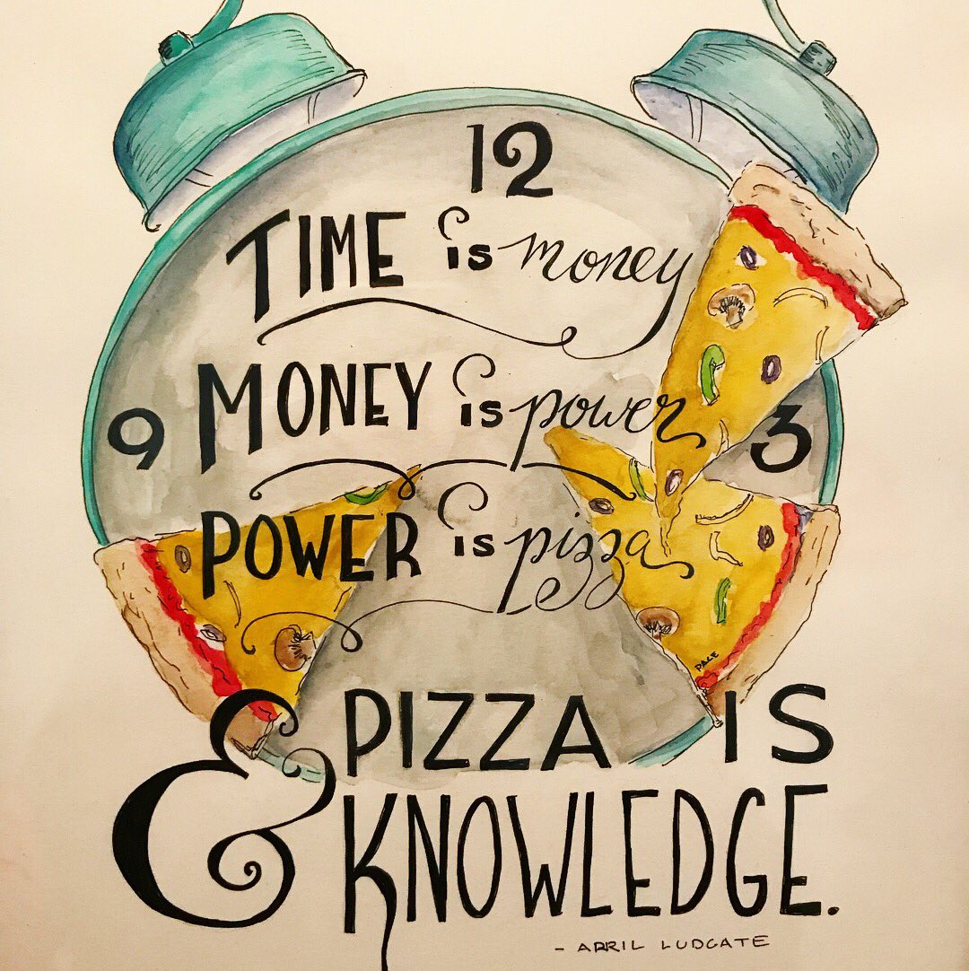 rachpaceart's tweet photo. Made this for my own personal April Ludgate for Christmas. It’s a quote she strives to live by, as should we all. Maybe I’ll make prints? #indiangiver #parksandrec #parksandrecreation #aprilludgate #pizzaisknowledge #ilovepizza #vintageclock #lettering #handlettering https://t.co/tD4DYMTW9W