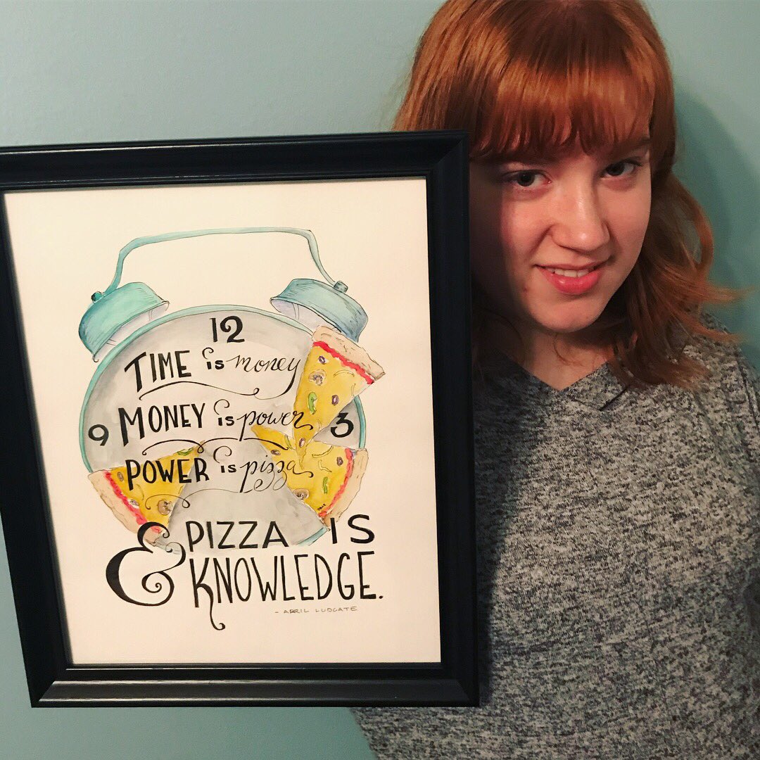 rachpaceart's tweet photo. Made this for my own personal April Ludgate for Christmas. It’s a quote she strives to live by, as should we all. Maybe I’ll make prints? #indiangiver #parksandrec #parksandrecreation #aprilludgate #pizzaisknowledge #ilovepizza #vintageclock #lettering #handlettering https://t.co/tD4DYMTW9W