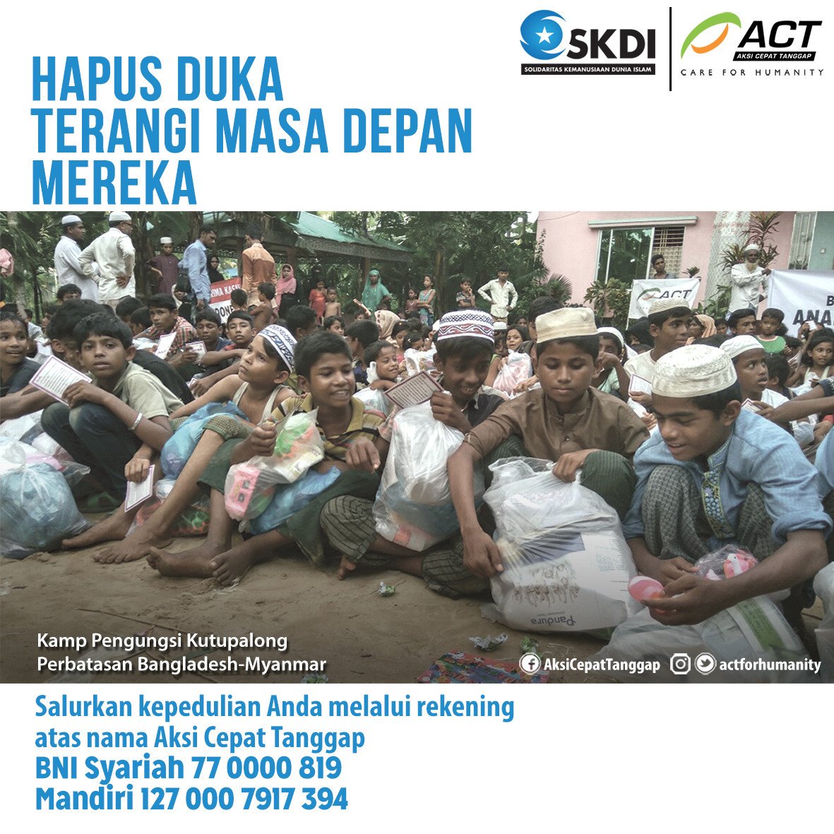 ACTforHumanity's tweet photo. Terjajah dan teraniaya, masa depan yang suram mengancam anak-anak Rohingya. Bagikan sedikit kebahagiaan kita untuk mereka
#LetsSaveRohingya https://t.co/ynTcxkUksg