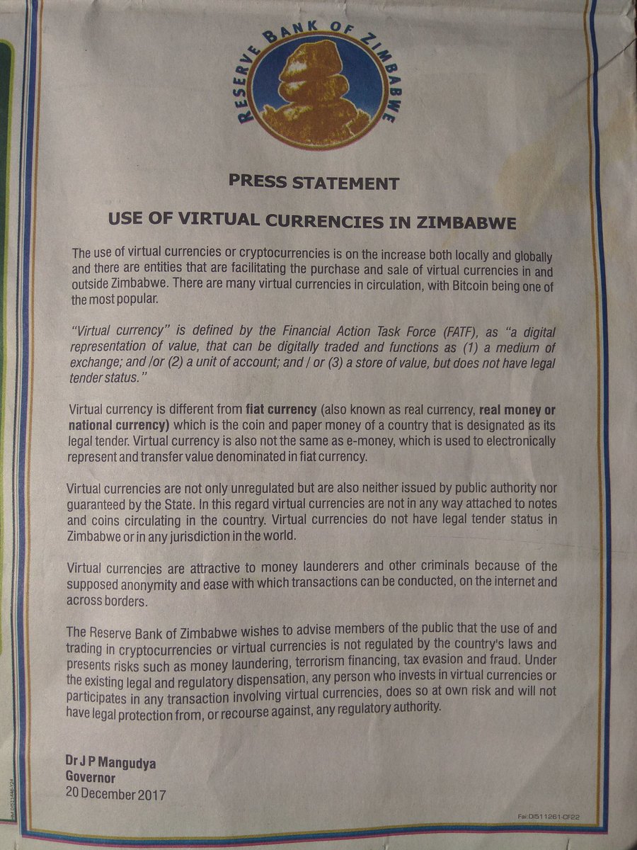 RudoNyangulu's tweet image. Then #RBZ puts out this statement on #cryptocurrency...  With our current position as a country re:unbankable currencies (#Bondnotes) it's easy to see the attraction of a currency that IS tradable across borders... perhaps #Zimbabwe should be the first jurisdiction 2 legalise it?