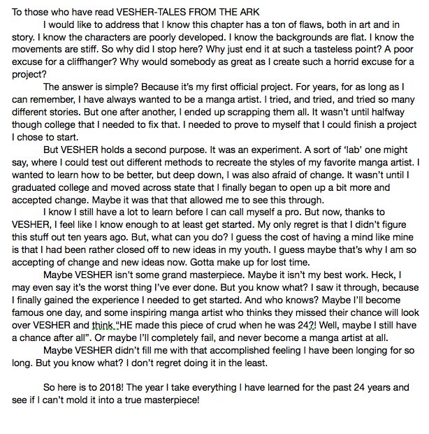 MANGAKrAfter's tweet photo. A message regarding the reason for Vesher. Sure, it'd turned out to be bad, but we all gotta start some where. My start was just a little delayed. https://t.co/4tRmOYFFG9