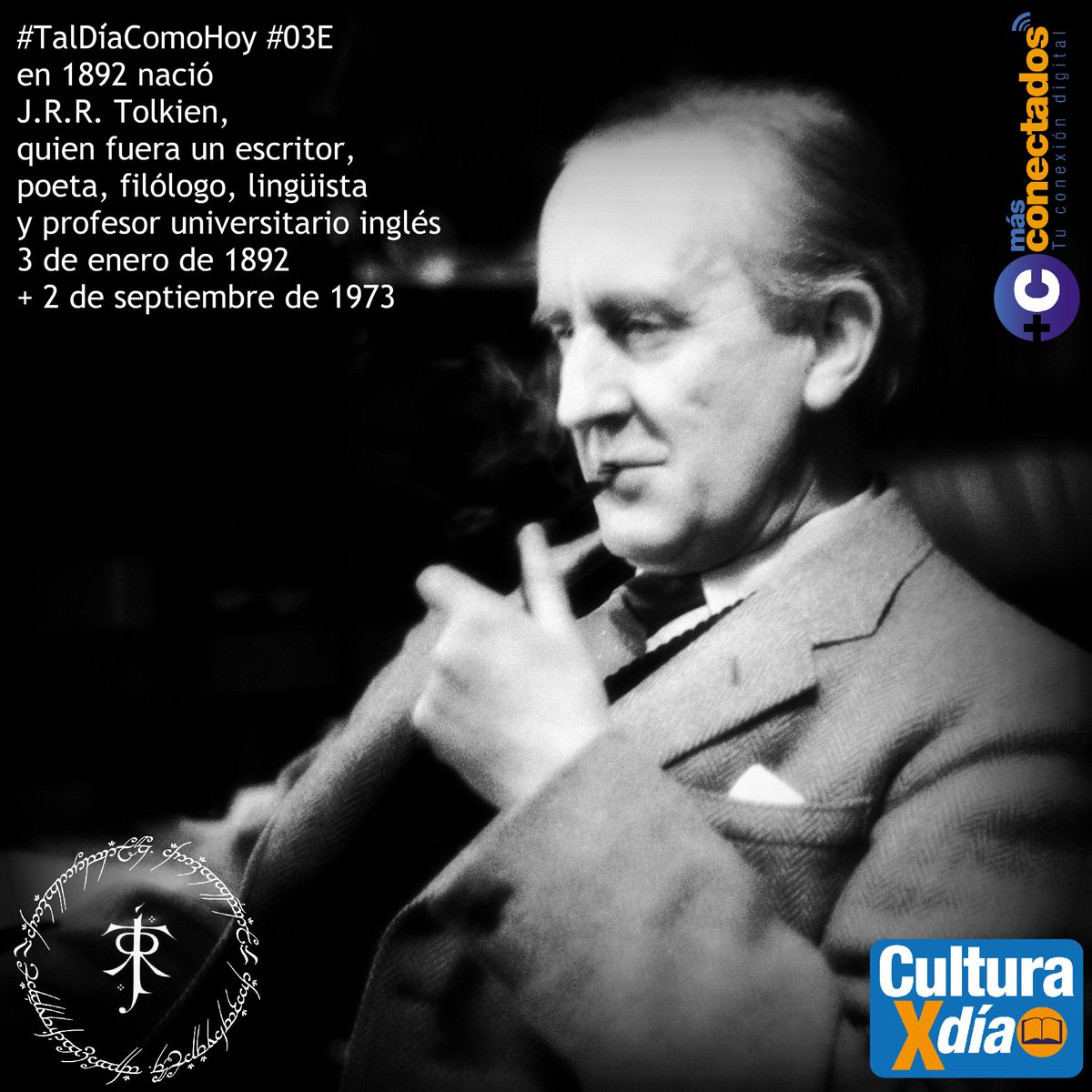 culturaxdia's tweet image. #TalDíaComoHoy #03Ene en 1892 nació J.R.R. Tolkien (John Ronald Reuel Tolkien), quien fuera un escritor, poeta, filólogo, lingüista y profesor universitario inglés, conocido por obras tales como: “The hobbit” (1937), “The Lord of The Rings” (“El Señor de los Anillos", 1954-1955)