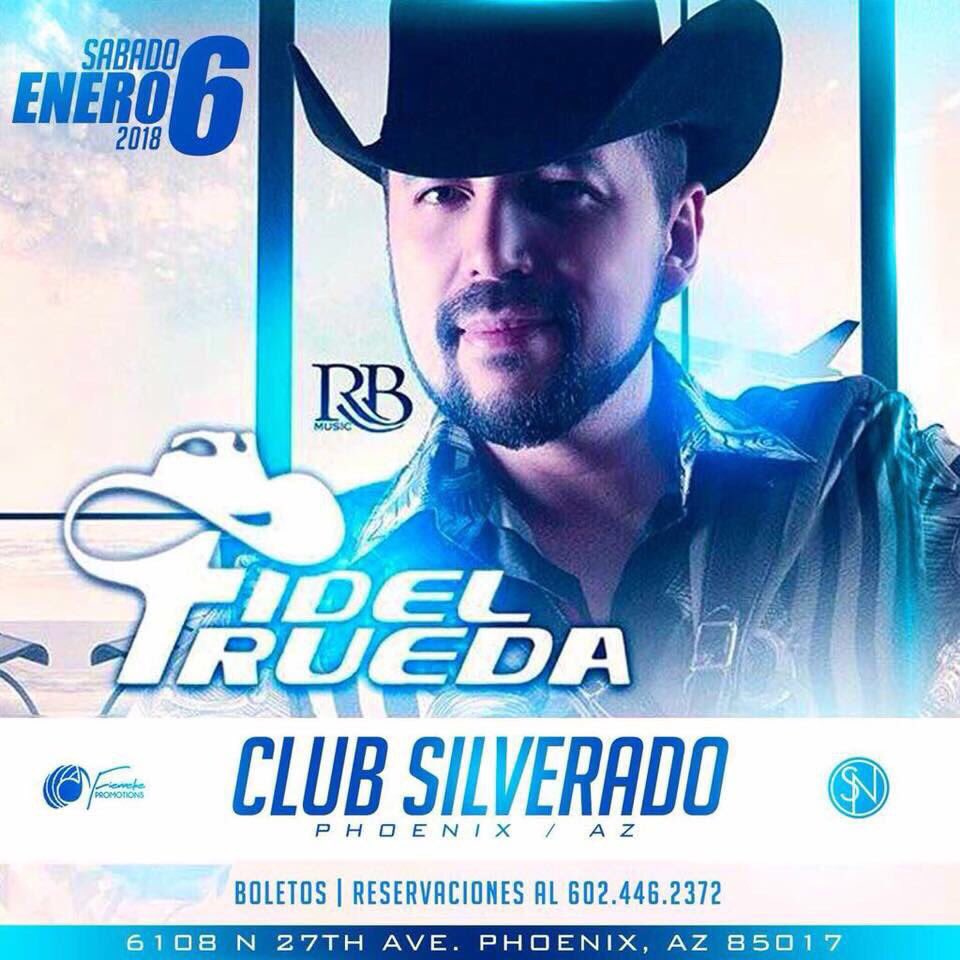 Cfidelrueda's tweet photo. Gente de #Phoenix #Arizona 🇺🇸 nos miramos el próximo Sábado 0️⃣6️⃣ de Enero en el #ClubSilverado donde estaré cantando todos mis éxitos.
#NoTeLoPuedesPerder
#TourNoLoSuperas2018
#FidelRueda #ElCreador #NorteñoBanda
#RuedaMusic #RbMusic https://t.co/ROQoX4nDiX