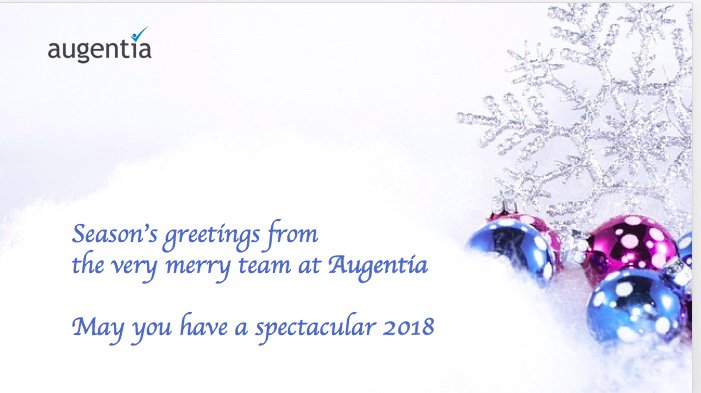 ConsultAugentia's tweet photo. Season’s greetings from the very merry team at #Augentia

May you have a spectacular 2018   https://t.co/86GiaVxqWw
m  #CMO #Marketers #Martec https://t.co/I4ISCSaFR3