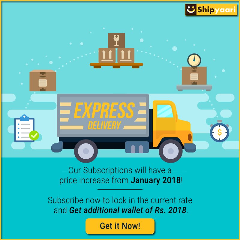 Shipyaari's tweet image. Our #subscriptions will have a price increase from #January2018! Subscribe now to lock in the current rate and get additional wallet of Rs. 2018. Be Hurry! #simplifiedlogistics
For more details, Contact us at +91 76663 28629