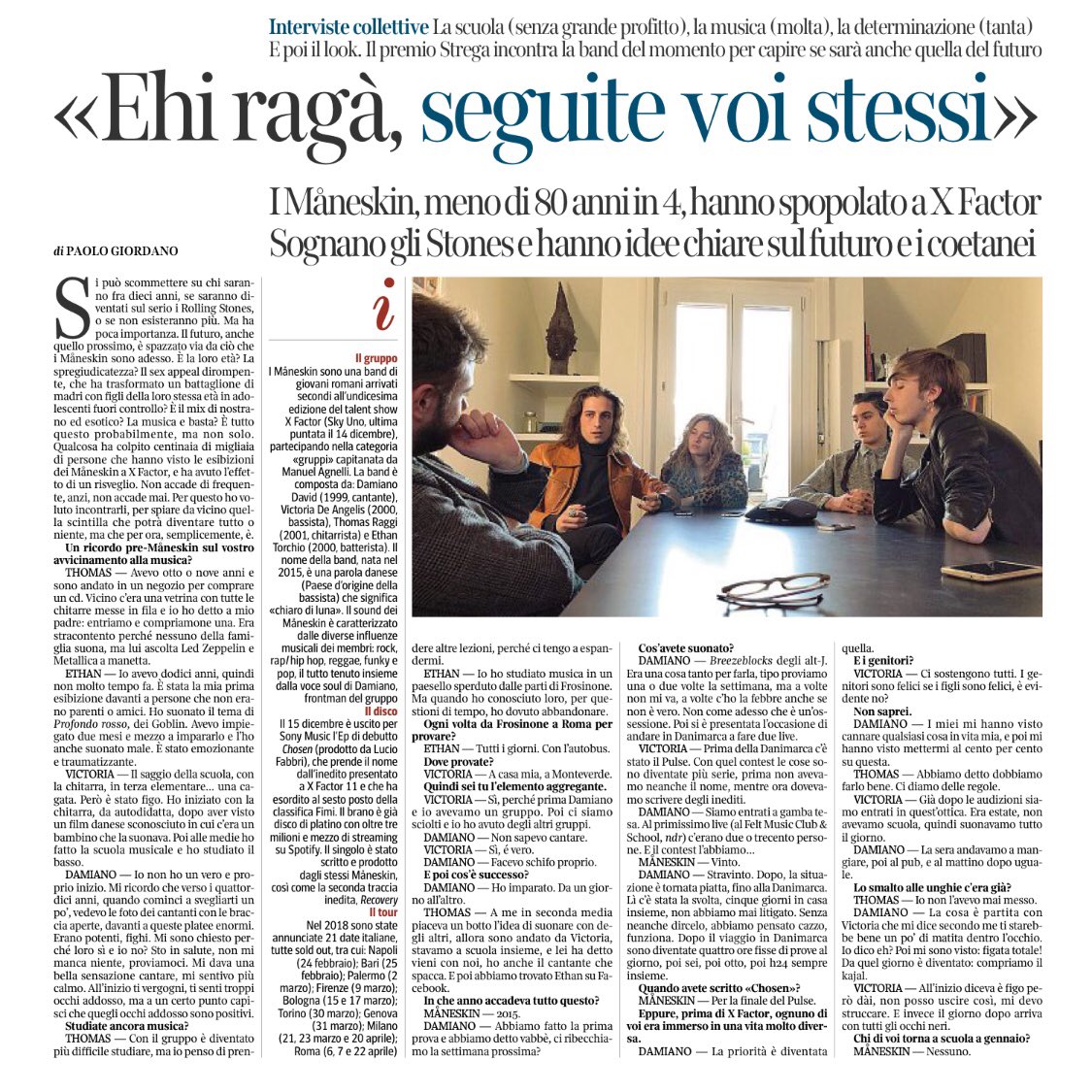 valeinparis's tweet photo. Fantastica intervista ai #Maneskin di Paolo Giordano oggi su @La_Lettura @Corriere @XFactor_Italia #xfactor2017 https://t.co/MjEaj5omD0