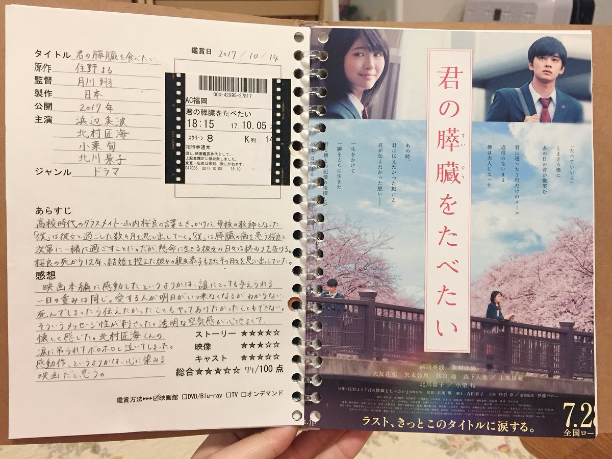 𝔹𝕣𝕚𝕘𝕤𝕓𝕪 Emily Twitterren 君の膵臓をたべたい 映画ノート 映画ノート部 4作目 邦画では1作目 フライヤーがちょうど良い感じだったからそのまま使った やっぱりあらすじをこの枠にいかに収めるかを考えるのが凄く楽しい 感想の語彙を