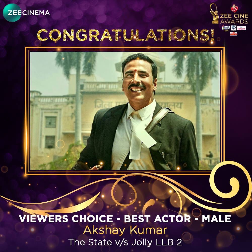 Akkistaan's tweet photo. Many many congratulations to @ToiletTheFilm on winning Viewers Choice - Best Film at #ZeeCineAwards2018 &amp;  @akshaykumar sir on winning Viewers Choice - Best Actor - Male for #TheStateVSJollyLLB2 at #ZeeCineAwards2018.  

#RedLabelZCA #ZCA2018 https://t.co/Y7kNY2USXE