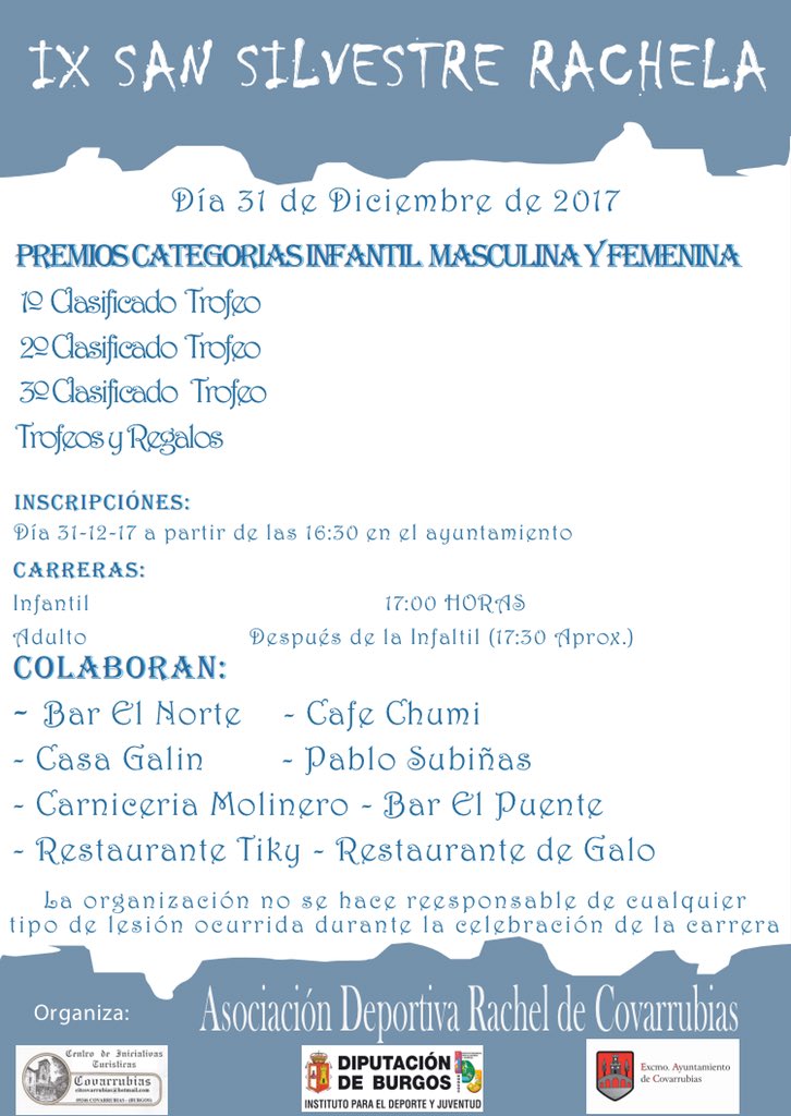 Cova_FC's tweet photo. A partir de las 16:00 os esperamos en el@ayuntamiento para las inscripciones de la IX SAN SILVESTRE RACHELA dará comienzo la infantil a las@17:00 y después la de adultos. Te lo vas a perder? https://t.co/zgK7MkAJsg