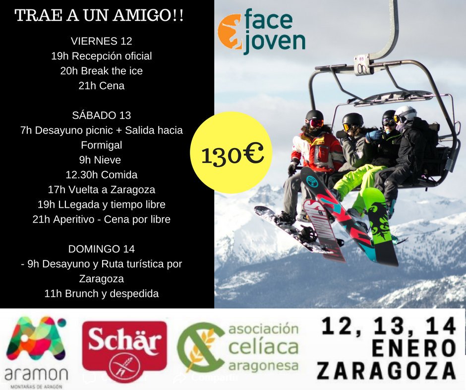 Todavía te puedes escapar a la #nieve de #Formigal, durante el fin de semana que ha organizado <a href="/facejoven/">FACE Joven</a> del 12 al 14/01/18 en el pirineo aragonés. Invierte 130€ y convence a tu mejor amiga/o >bit.ly/2B7GkFQ Cualquier duda habla con <a href="/celiacosaragon/">Celiacos Aragón</a> #MovimientoCelíaco