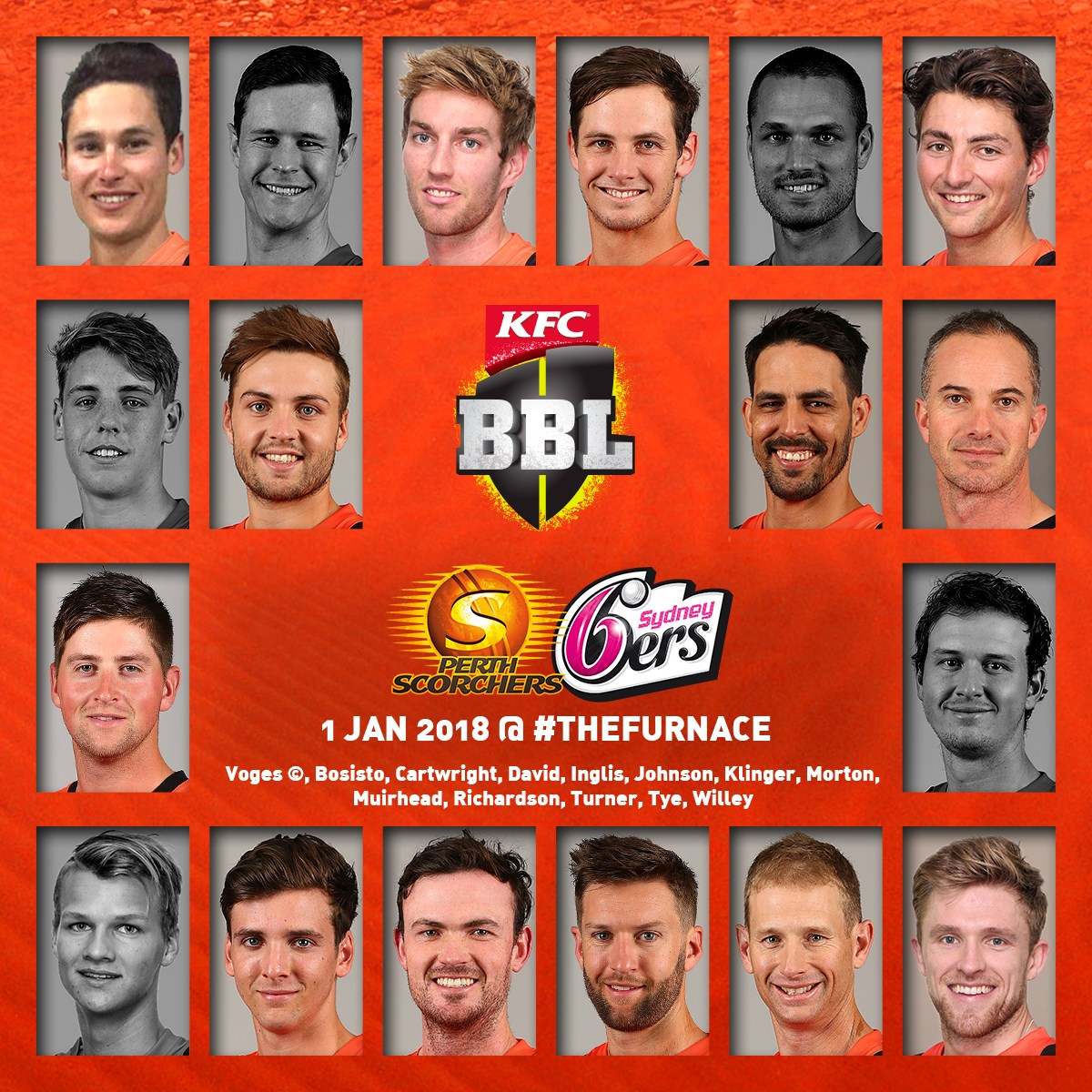 ScorchersBBL's tweet photo. SQUAD | This is your 13-player squad for tomorrow's BBL clash against the Sydney Sixers. More info available > https://t.co/eID2om40ou #MADETOUGH https://t.co/zcGsPEMId9